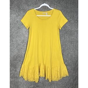 LOGO Lori Goldstein Eyelet Hem‎ Shirt Dress Womens Size SP Yellow Pockets